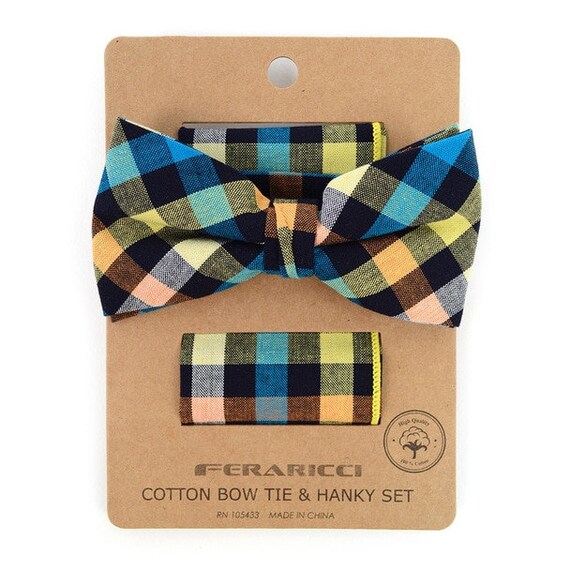 Men's Multi Color Plaid Cotton Wedding Bow Tie Set