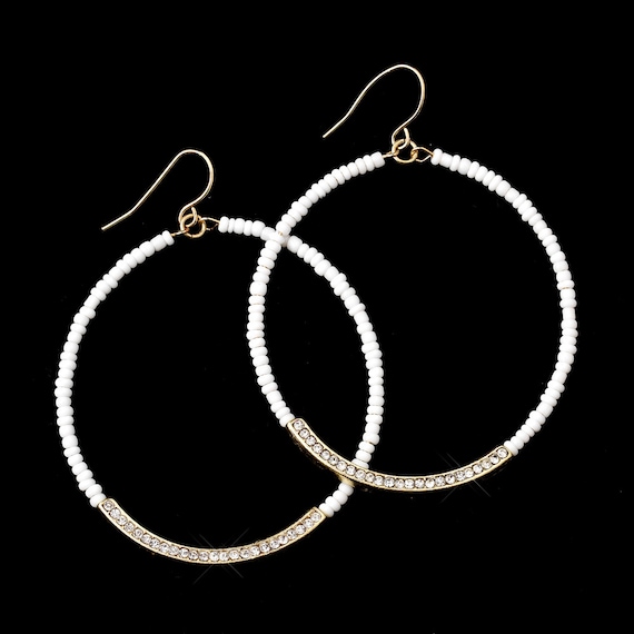 Gold White Bead Clear Rhinestone Hoop Dangle Earrings-Customer #1 Pick