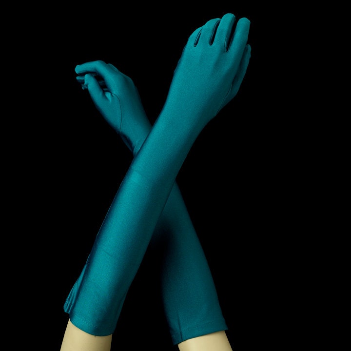 teal satin gloves