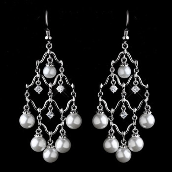 Bridal Antique Silver Diamond White Pearl Clear CZ Crystal Chandelier Earrings Dangle