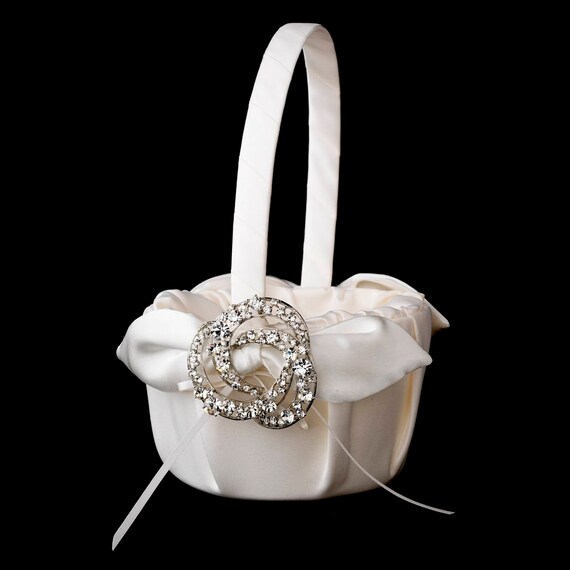 Flower Girl White Wedding Basket, Satin Basket, Antique Ivory Basket, Flower Basket, Flower Girl Gift, Flower Girl Baskets