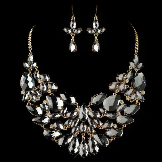 Gold Smoke Pear Cut Rhinestone Jewelry Set