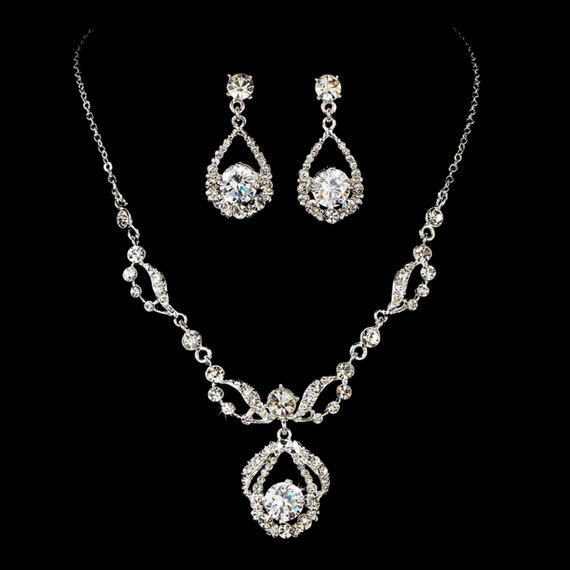 Antique Round Rhinestone Necklace & Earrings Bridal Jewelry Set