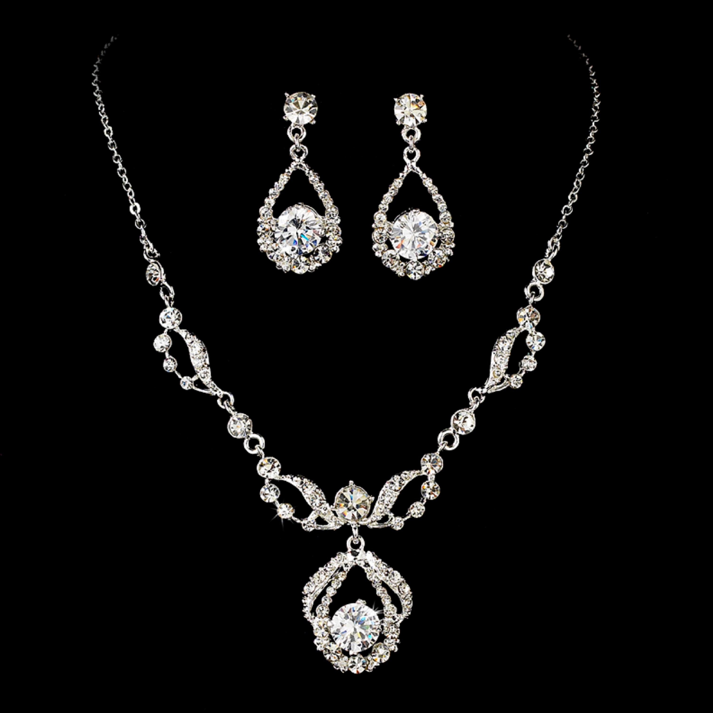 Silver-plate Temperament rhinestone bride necklace earrings two-piece set  High-grade alloy jewelry accessories for woman