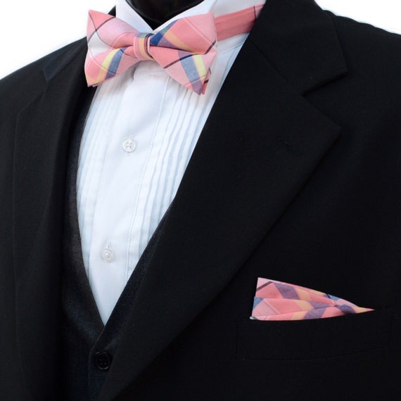 Mens Pink Plaid Cotton Bow Tie and Matching Pocket Square