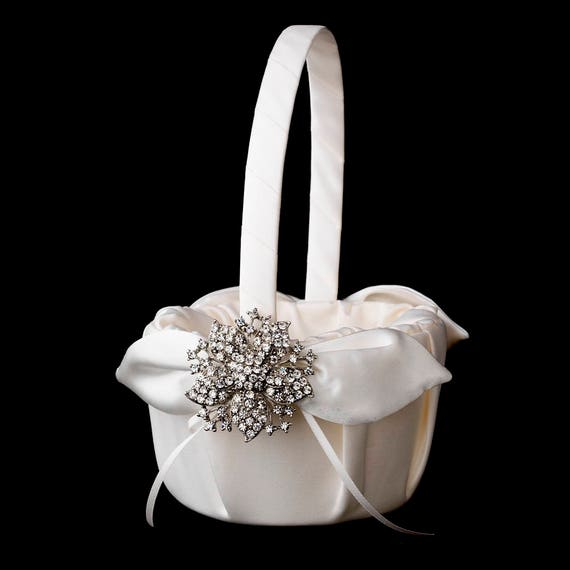 Flower Girl White Wedding Basket, Satin Basket, Antique Ivory Basket, Flower Basket, Flower Girl Gift, Flower Girl Baskets