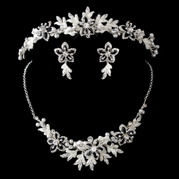 Silver Black White Accent Floral Tiara Headpiece Jewelry Set