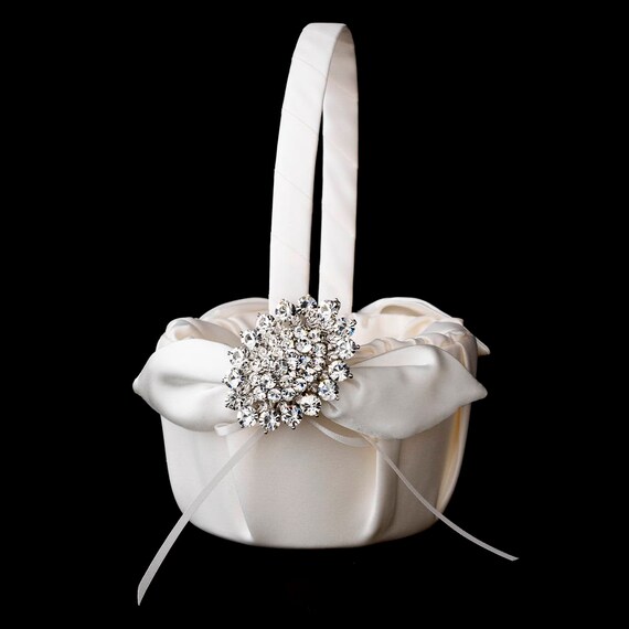 Rhinestone Flower Girl Wedding Basket White and Ivory