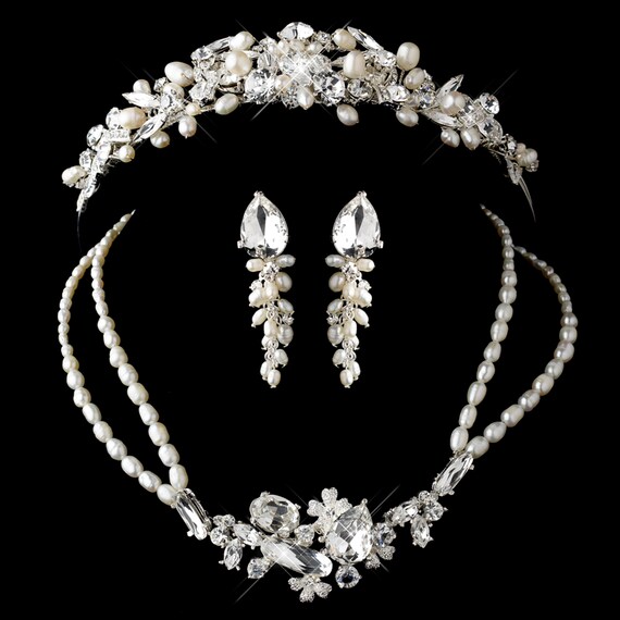 4pc Silver Freshwater Pearl Swarovski Crystal Bead Rhinestone Tiara Headpiece and Bracelet Set