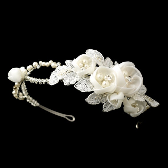 Ivory Wedding Floral Side Accented Bridal Headband in Silver