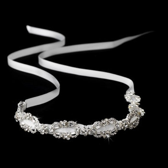 Bridal Crystal Halo Headband & Earring Set Bridal Ribbon Rhinestone w/Free Bracelet