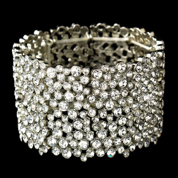 Antique Silver Clear Rhinestone Stretch Bracelet