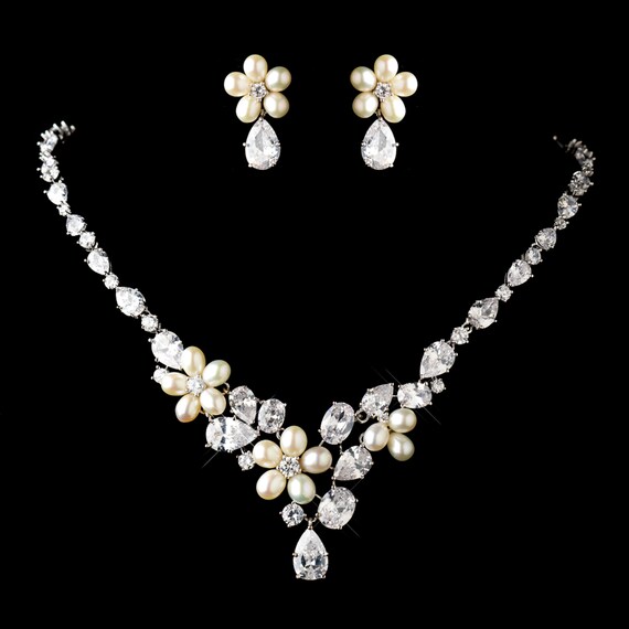 Ivory Silver Freshwater Pearl CZ Crystal Necklace Earrings Jewelry Set