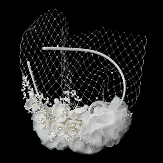 Elegant Ivory Floral Bridal Headband Blusher in Ivory Pearls Sparkling Rhinestones