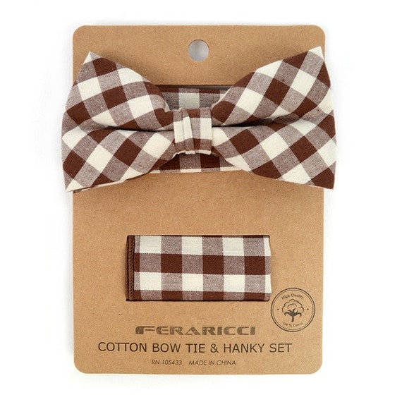 Men's Brown Beige Plaid Wedding Cotton Bow Tie Set