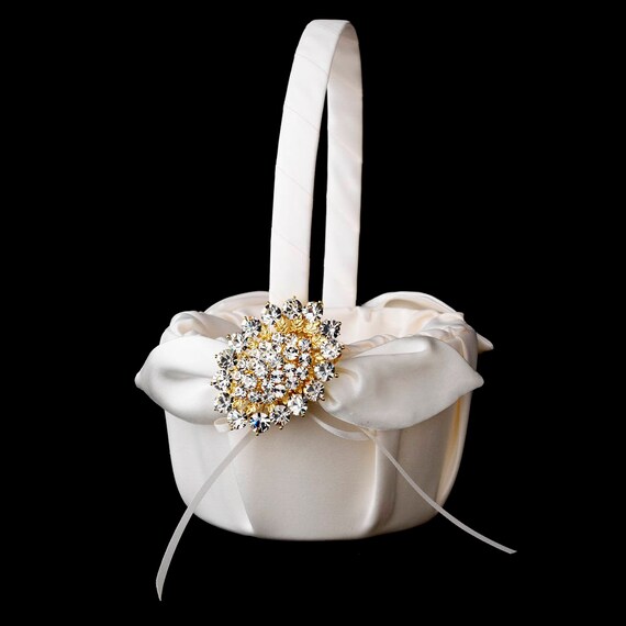 Flower Girl Basket with Gold Clear Crystal Brooch