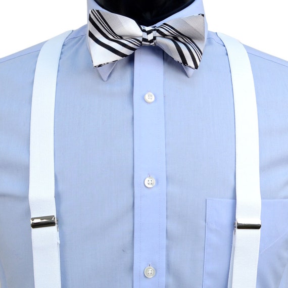 3pc Mens White Clip-on Suspenders, Striped Bow Tie and Hanky Sets