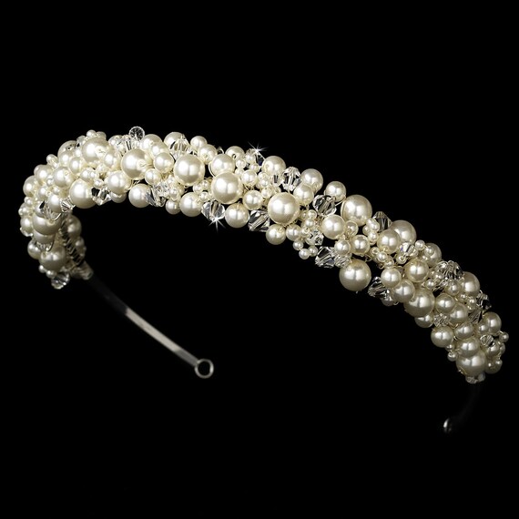 Bridal White Headband, Ivory Pearl Headband, Accessory Headband, Wedding headband, Swarovski crystals, rhinestones