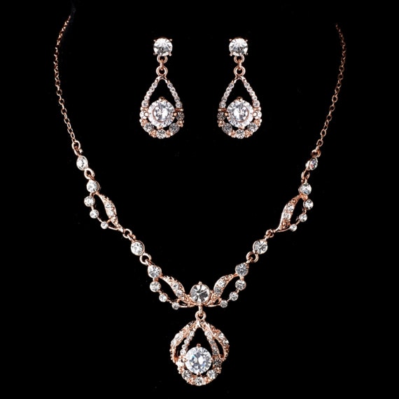 Rose Gold Clear Rhinestone Drop Jewelry Set