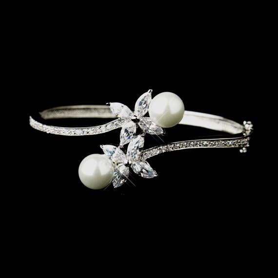 Silver White Pearl & Marquise CZ Crystal Bridal Bangle Bracelet