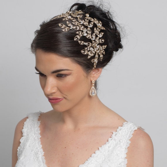 Rose Gold Rhinestone Leaf Bridal Wedding Headband