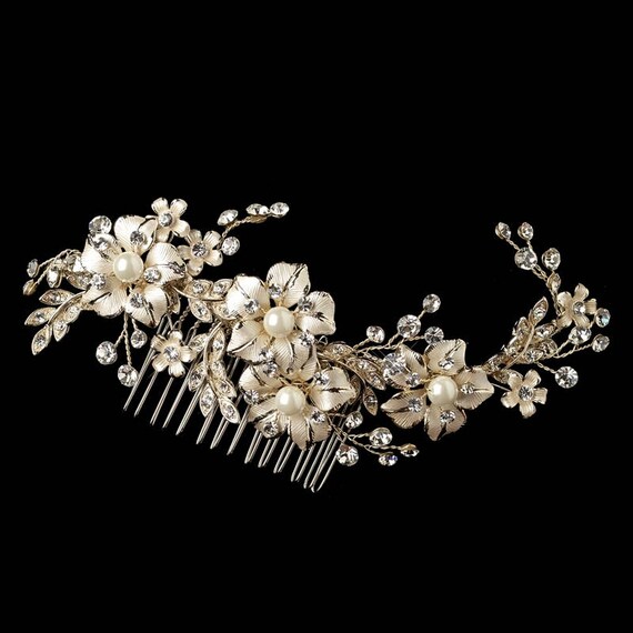 Champagne Gold Plated Rhinestone Ivory Pearl Floral Comb & Earrings