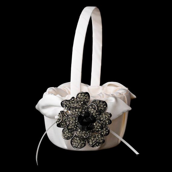 Flower Girl Basket with Antique Black Crystal & Rhinestone Floral Brooch