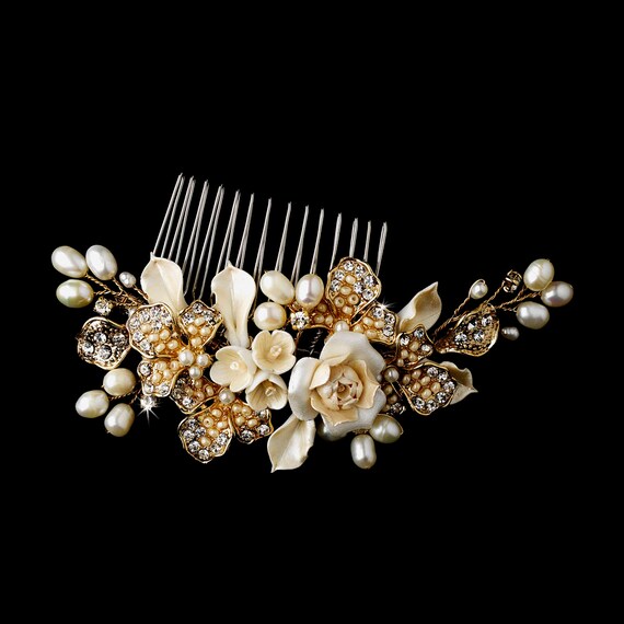 Gorgeous Golden Flower Headpieace Bridal Comb& Earring Set