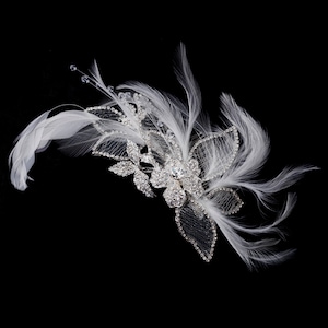 Silver and White Feather Crystal Rhinestone Bridal Hair Comb or Clip