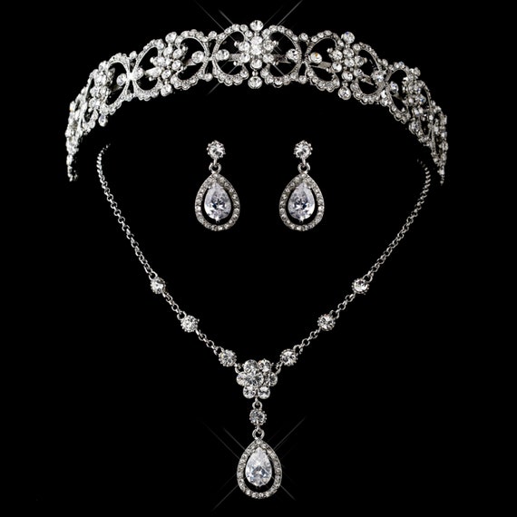 3pc Antique Silver Clear CZ Crystal Rhinestone Tiara Headpiece Jewelry Set