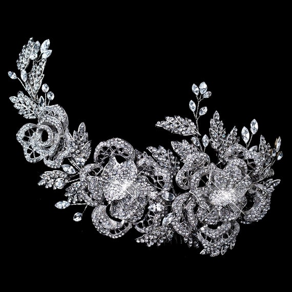Rhodium Clear Rhinestone Floral Rose Side Accented Comb & Earring Set