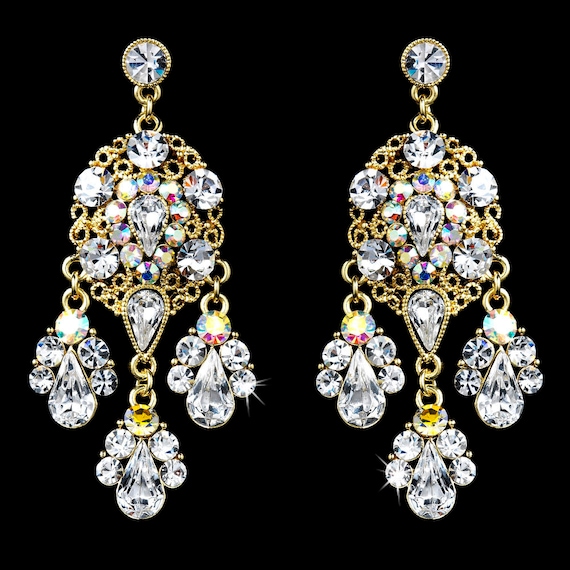 Celebrity Style Gold Clear AB Chandelier Earrings