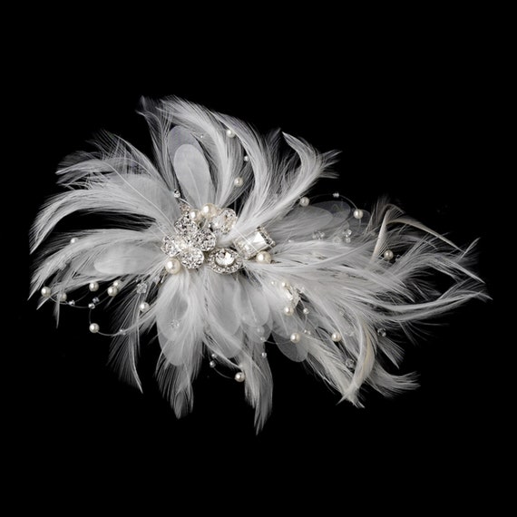 Incandescent Silver Clear Rhinestone & Ivory Feather Bridal Comb