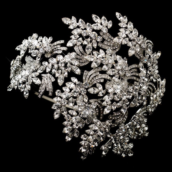 Rhodium Crystal Bridal Wedding Couture Side Accented Tiara Bridal Headband Headpiece