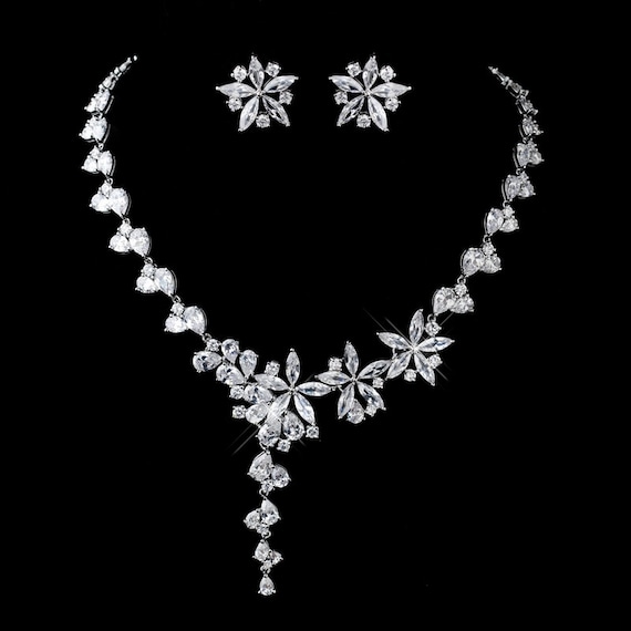Antique Silver Clear CZ Crystal Necklace, Earrings, Bracelet Jewelry Set