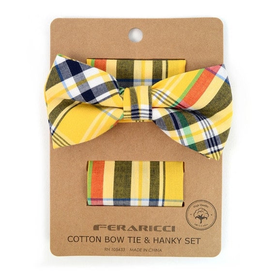 Men's Yellow Plaid Cotton Wedding Bow Tie Set