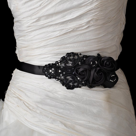 Black Gothic Satin Floral Bead Wedding Sequin Sash Belt Floral Sash Headpiece