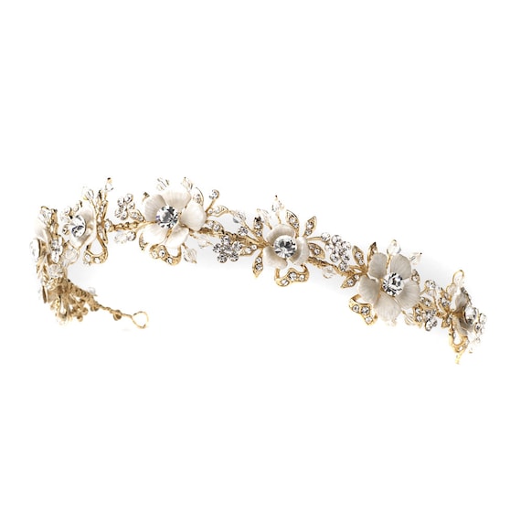 Gold Ivory Enamel Floral Accent Crystal & Rhinestone Tiara