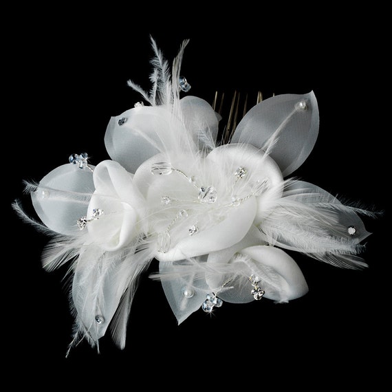 Feather Flower Bridal Hair Comb Adorn with Swarovski & Rhinestones Comb