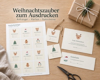 Personliga julklappsetiketter – tryckpaket med kort, presentkort och söta designer | 12 A4-sidor + redigerare