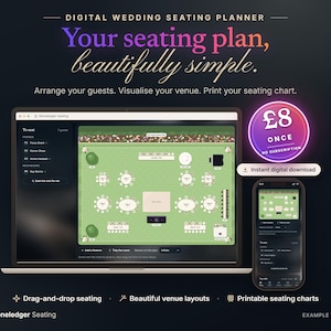 May include: A digital wedding seating planner displayed on a laptop and smartphone screen. The interface shows a green floor plan with round tables, text labels, and drag-and-drop features. Text includes "Digital Wedding Seating Planner" and "£8 Once".