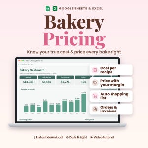 Bakery Pricing Spreadsheet, Recipe Cost Calculator and Order Tracker for Google Sheets and Excel