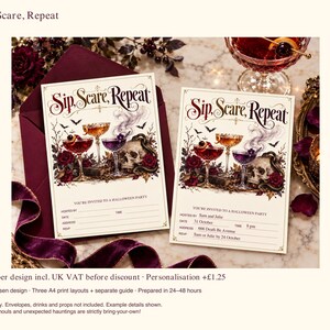 Sip Scare Repeat Halloween Party Invitation, Gothic Cocktails, 3 Sizes, Optional Personalisation