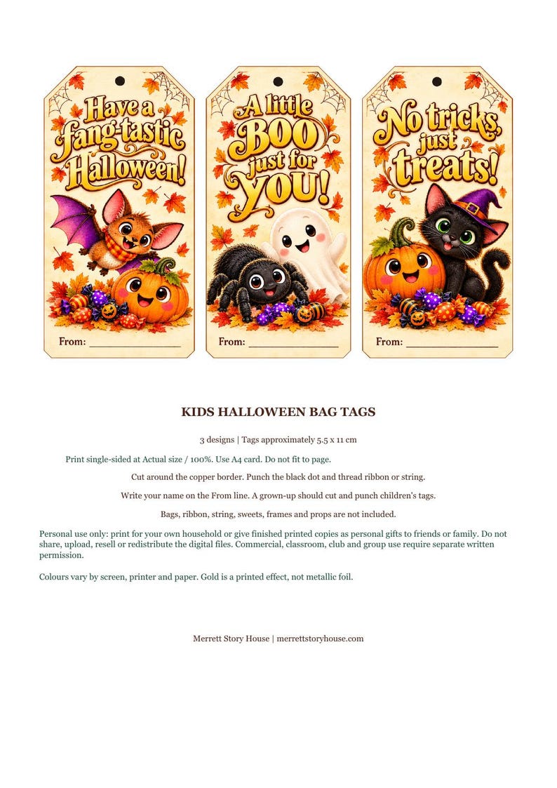 Étiquettes de sac d'Halloween pour enfants à imprimer, 3 jolis modèles : petit fantôme, chauve-souris et chat, personnalisation optionnelle image 3