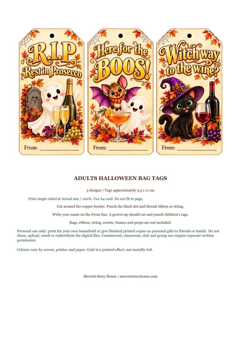 Adult Halloween Bag Tags Printable, 3 Designs, Rest in Prosecco, Here for the Boos, Optional Personalisation image 3