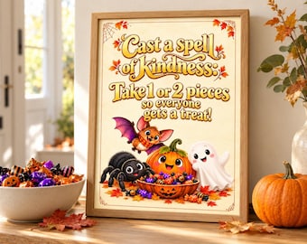 Znak „Halloween Take One or Two” do druku, „Rzuć zaklęcie dobroci”, znak A4 na miskę ze smakołykami