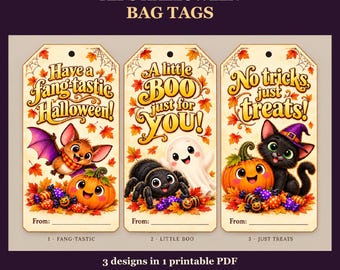 Kids Halloween Bag Tags Printable, 3 Cute Designs, Little Boo Ghost, Bat and Cat, Optional Personalisation
