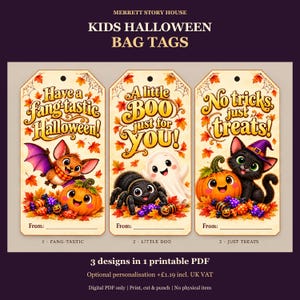 Étiquettes de sac d'Halloween pour enfants à imprimer, 3 jolis modèles : petit fantôme, chauve-souris et chat, personnalisation optionnelle image 1