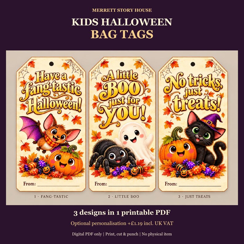 Étiquettes de sac d'Halloween pour enfants à imprimer, 3 jolis modèles : petit fantôme, chauve-souris et chat, personnalisation optionnelle image 1