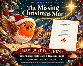 Personalised The Missing Christmas Star, Certificate & Indoor Hunt, Made-to-Order Digital PDF